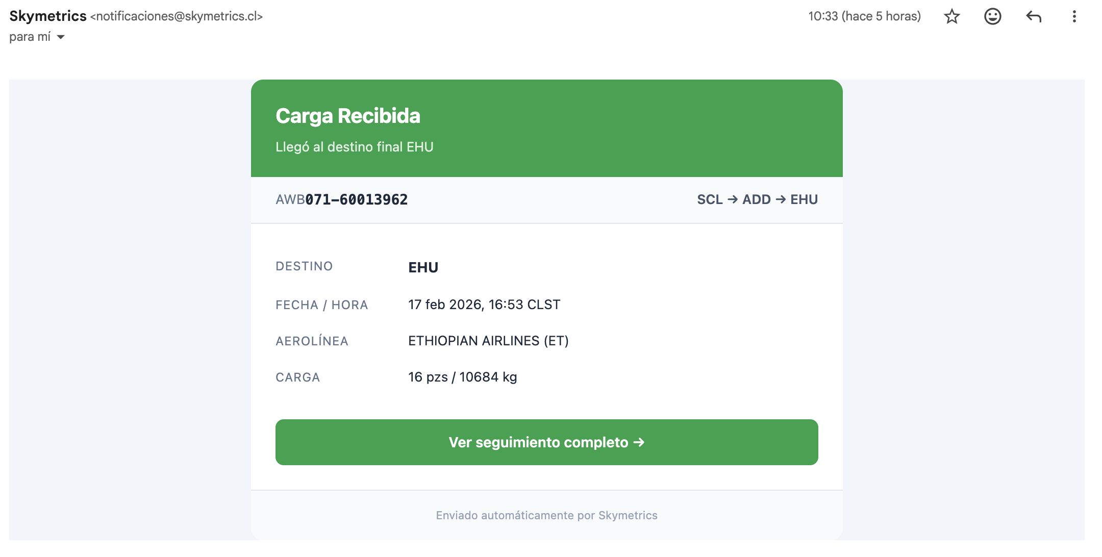 Notificación automática por email de tracking de carga aérea — alertas de flete aéreo en Skymetrics Chile