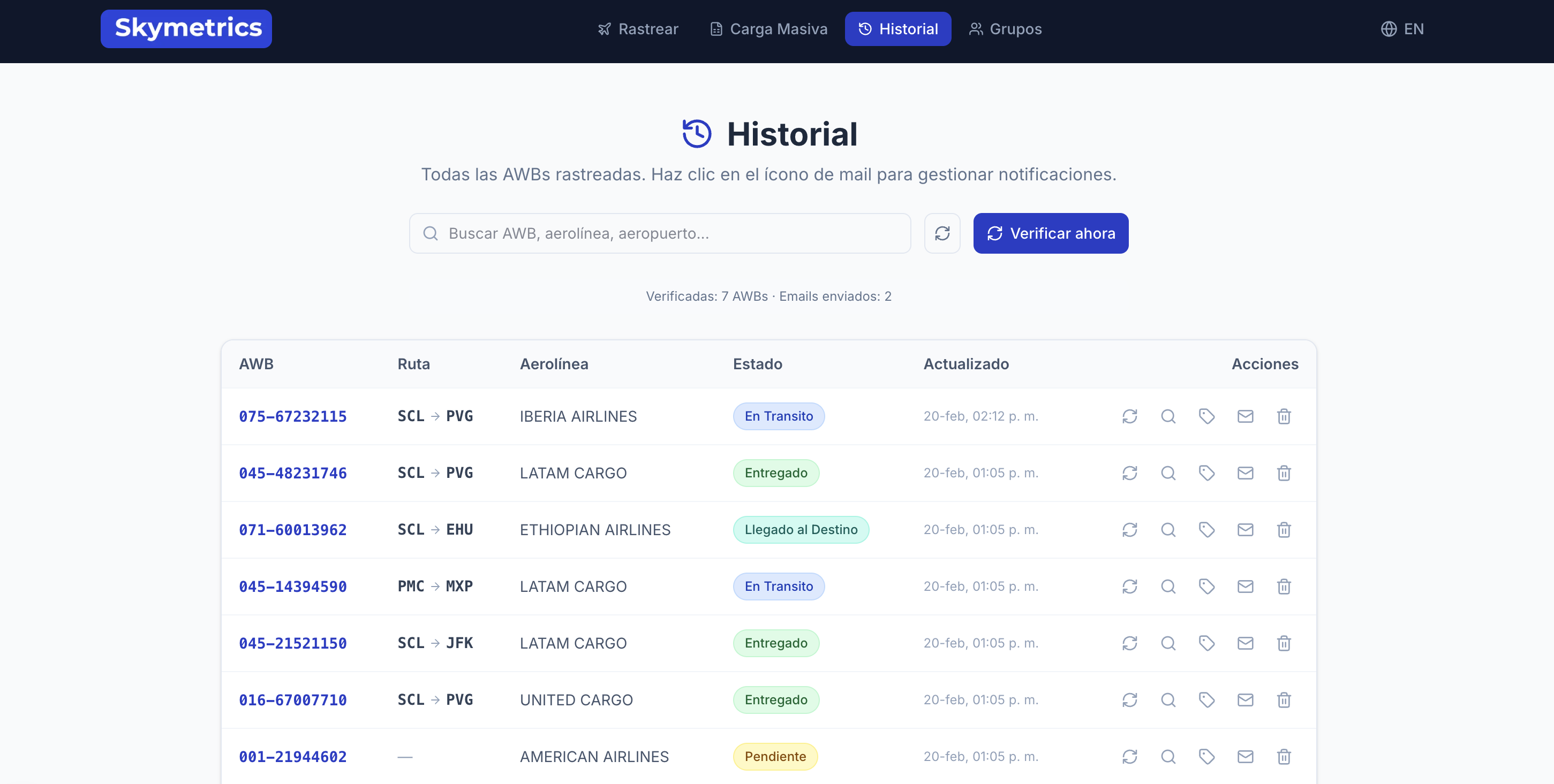Historial de tracking AWB en la plataforma digital de carga aérea Skymetrics — estado en tiempo real de embarques