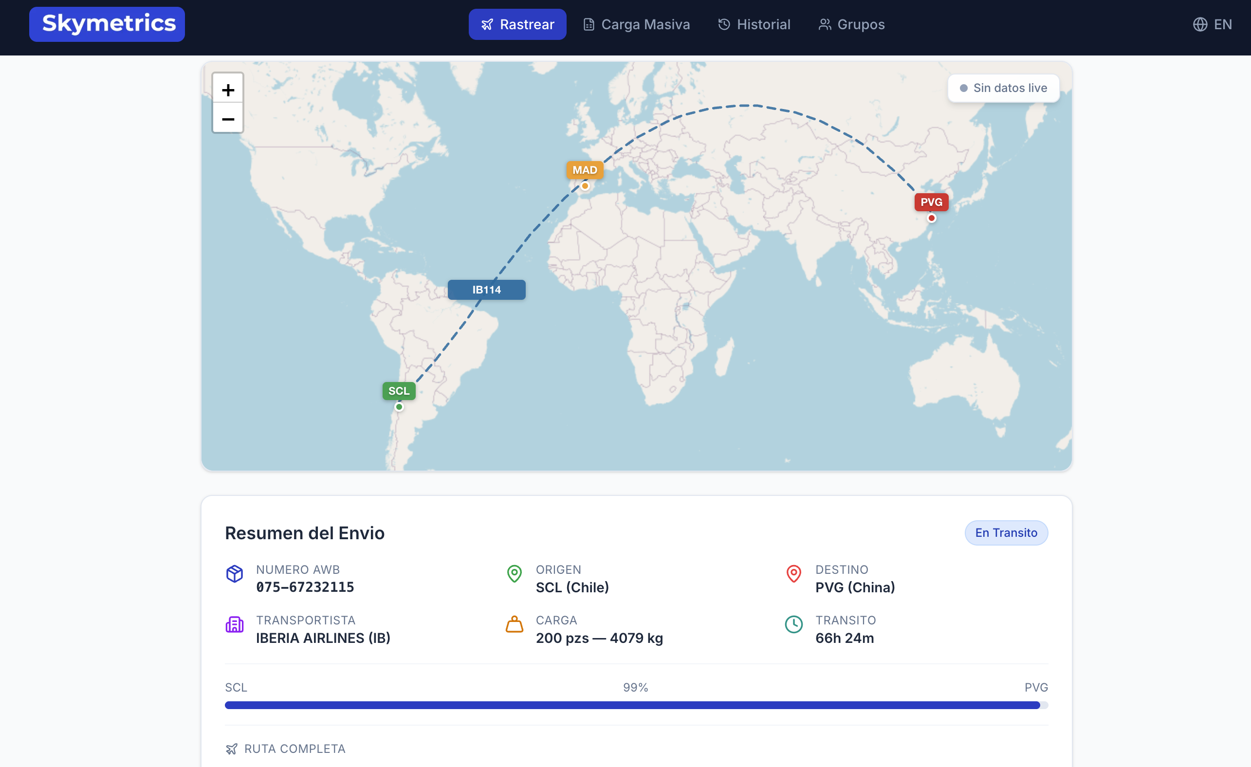 Mapa en vivo con ruta de vuelo y tracking de carga aérea en Skymetrics — flete aéreo Chile